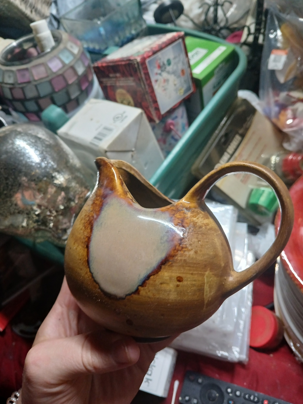 Sango Brown Ceramic Creamer with Pale Blue Drip Accent